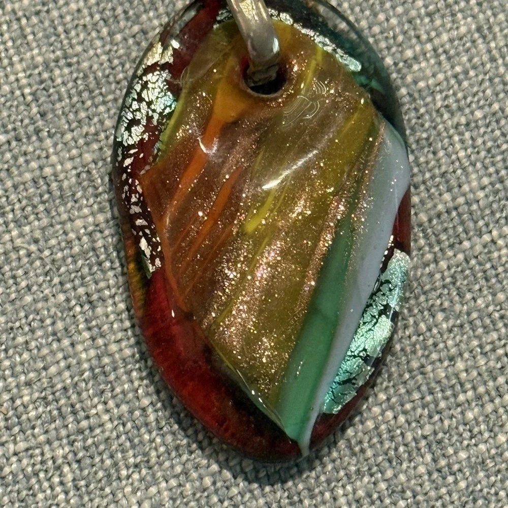 Large Handmade Dichroic Glass Pendant Browns Greens Silver On Bail‎